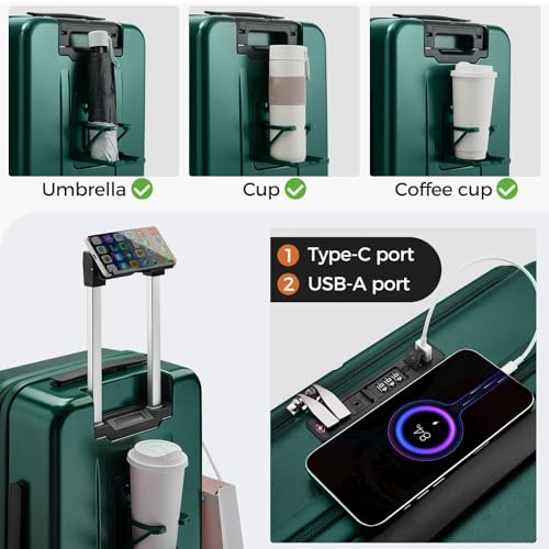 Image of Carry On Luggage Top Opening with Cup Holder & Phone Holder, Expandable PC Hard Shell Suitcase, USB Charging Port, Side Hook, 360 Spinner Wheels, TSA Lock & YKK Zippers for Fathers Day Gift