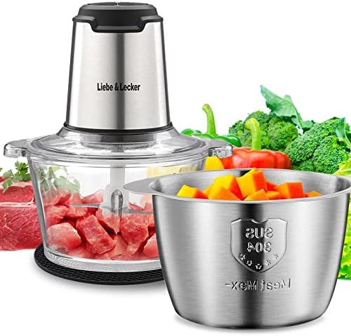 Liebe&Lecker Food Processor, Electric Food Chopper with 2 Bowls 8 Cup and 8 Cup, Meat Grinder with 4 Large Sharp Blades for Fruits, Meat, Vegetables, Baby Food, Nuts, 2 Speed, 350W