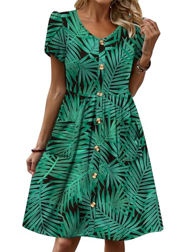 Zeagoo Damen Kleider Elegant V-Ausschnitt Blumen Shirtkleid Kurzarm Casual Strandkleider A-Linie Kurzes Tunika Minikleid mit Taschen Grün Floral M
