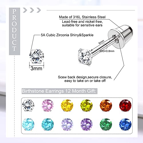 Jerywe 12 Pairs Screw Back Earrings For Women Stainless Steel Multicolored Cubic Zirconia Earrings 3Mm /4Mm/5Mm Stud Earrings With Safety Backs Hypoallergenic Earrings For Girls #TOP1