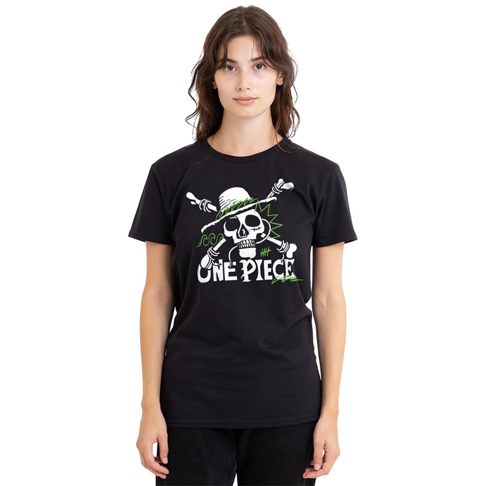 One Piece Green Doodle Jolly Roger Logo Ladies T Shirt, Black, XX-Large