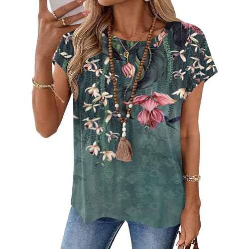 LOMON Womens Summer Tops Short Sleeve Shirts Cap Sleeve Tops Crew Neck Cute Trendy Tunic Blouses Dressy Casual Outfits 2026 Blue Pink Floral XX-Large