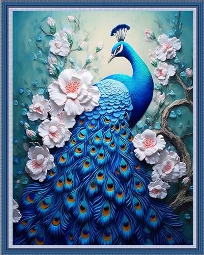 Image of Dimensean Stamped Cross Stitch Kits Full Range of Embroidery Patterns Starter Kits for Beginners Adult DIY Cross Stitches Needlepoint Kits 11CT-Blue Peafowl 16x20 inch
