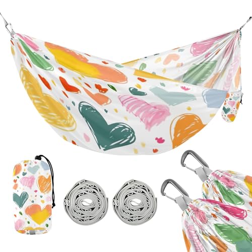 ATTX Colourful Heart Camping Hammock - Lightweight & Portable Hammocks, Heavy Duty 330lbs Capacity for Indoor, Hiking, Backpacking, Travel, Backyard, Beach#347