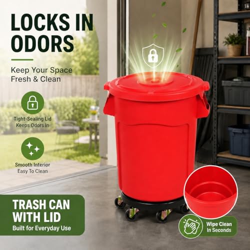 Image of 20 Gallon Outdoor Trash Can with Lid and Wheels, 1 Pack-Red | Garbage Can with 4 Wheels, Rolling Trash Can for Garage / Backyard / Kitchen / Patio / Office / Cafe / Warehouse