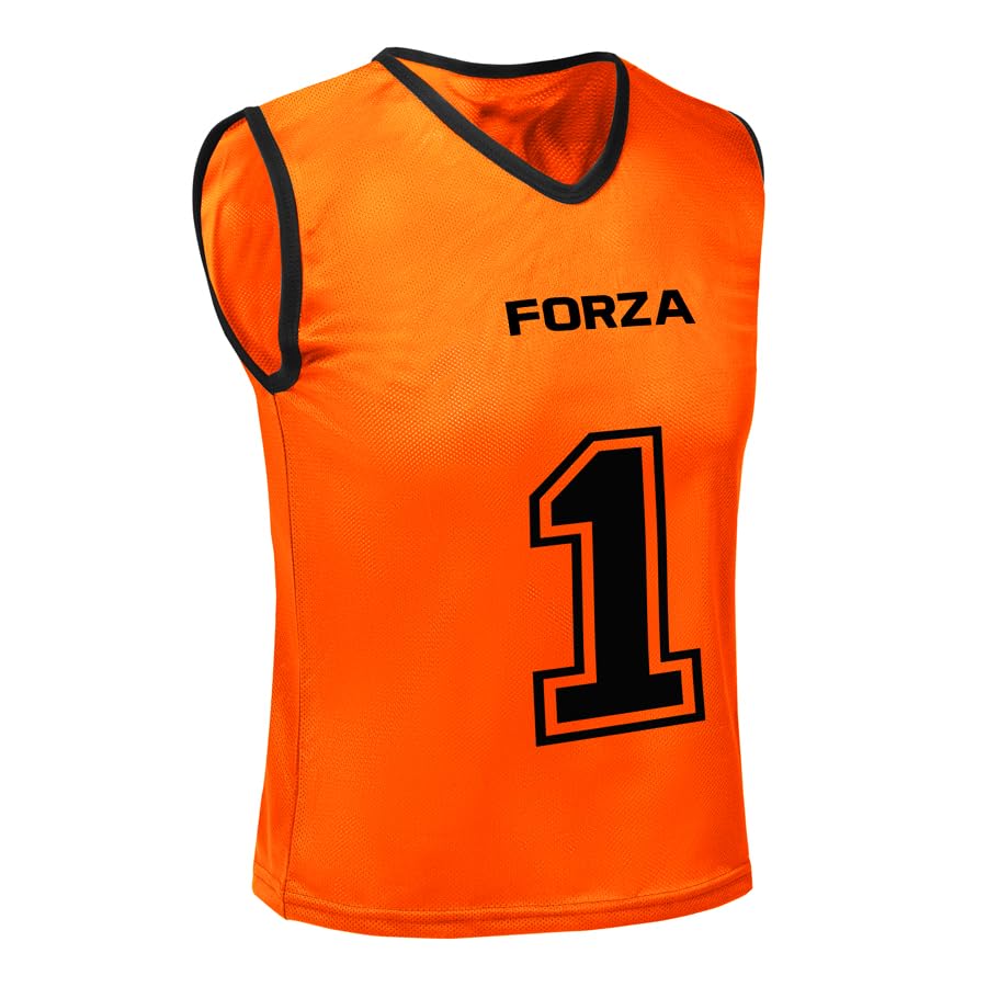 FORZA Premium Numbered Bibs – Polyester Training Vests for Sports Teams [1-23] (Numbered 1-5, Fluro Orange, Adult L/XL)