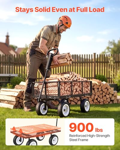 Image of VEVOR 900 LBS Steel Garden Cart, 2 in 1 Handle, Heavy Duty Pullable Garden Wagon with 10 inch Flat-Free Tires, Outdoor Utility Yard Wagon Cart with Detachable Side Panels, Attach to ATV or Tractor