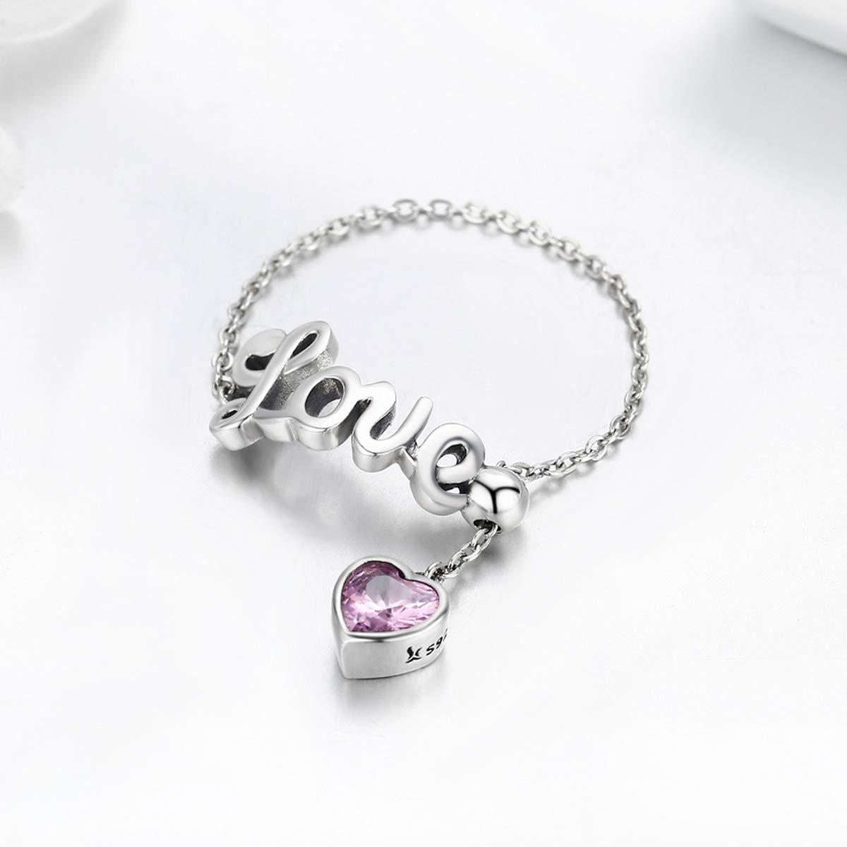 Love Statement Ehering, Sterlingsilber, rosa Kristall, herzförmig, baumelnd, Quaste, Versprechen, Verlobung, offen, verstellbar, Kettenring für Frauen und Mädchen, Unendlichkeitsgeschenk, Geschenk zum