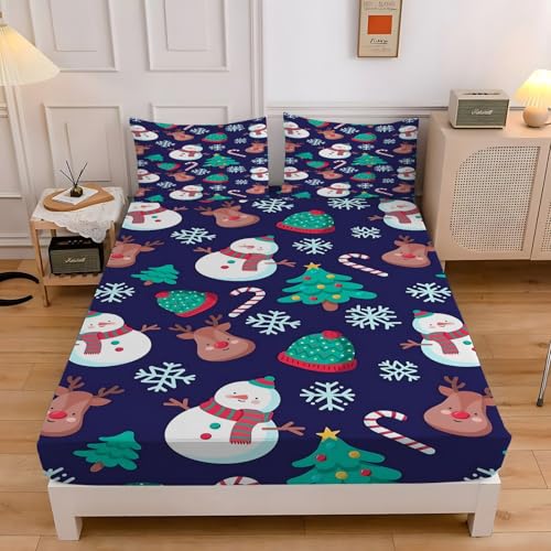 雪だるまダブルベッド シーツクリスマスツリーベッドカバー柔らかい通気性マイクロファイバー 3点セット防ダニ高反発 吸水 速乾 抗菌 防臭 防ダニと 2 枕カバー43x63 cm着脱簡単 丸洗い可能 マットレスカバー140x200x30 cm