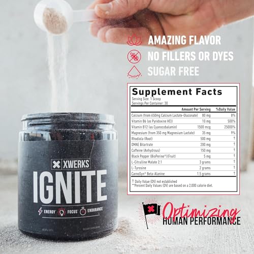 Image of Xwerks Ignite Pre Workout Powder for Men and Women, Natural Preworkout Energy Drink Powder, Gluten Free Keto Formula for Endurance Stamina and Workout Focus, 150 mg Caffeine, 30 Servings, Fruit Punch