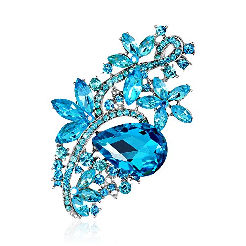 Image of Wedding Bridal Big Crystal Rhinestone Bouquet Brooch Pin for Women (Silver Tone-light blue)