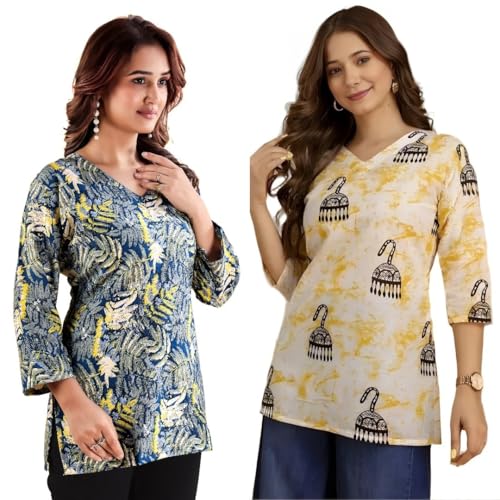 Image of Women's Cotton Printed Short Kurti, Round Neck, Three Quarter Sleeve, Straight Fit, Pack of 2