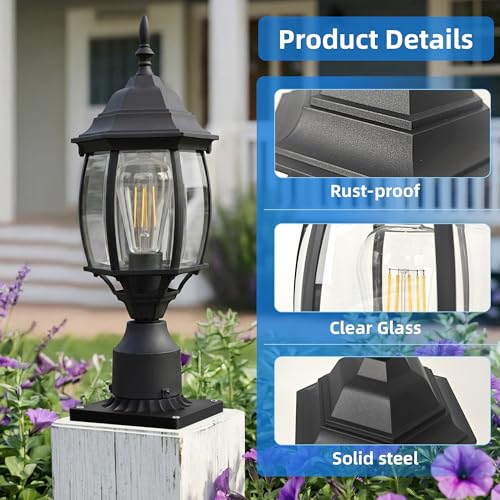 Image of 17 inch Black Outdoor Post Light Fixture, Pole Mount Outside Light for Garden Entrance Driveway Black Pillar Lantern 17 Inch Pier Mount Outdoor Lamp Post for Front Yard