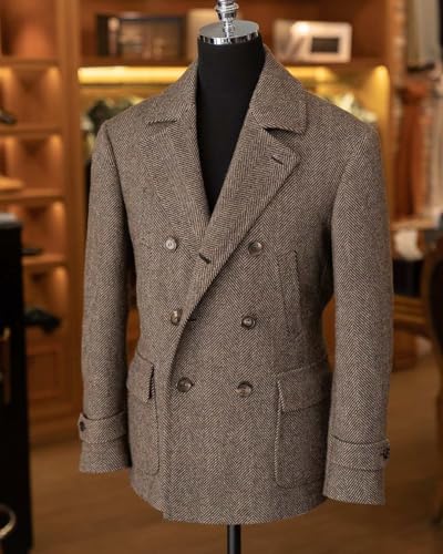 Men Tweed Herringbone Sport Coats Slim Double Breasted Wool Blend Blazer Jackets Casual Warm Vintage British Coat3