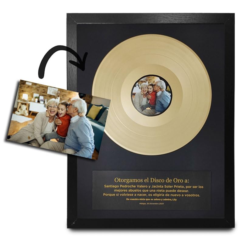 Marco decorativo, regalo original personalizable. Disco de vinilo con foto y mensaje personalizados en cuadro de madera y cristal. Para colgar o colocar (30 x 40 cm. Disco 10" dorado + cartel negro)