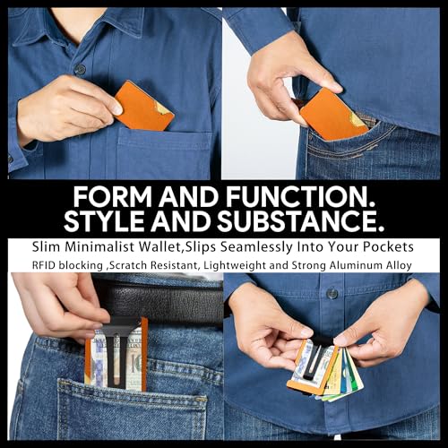 Image of Minimalist Wallet for Men, Slim Metal RFID Blocking Wallet Credit Card Holder Money Clip & Cash Strap, Scratch-Resistant Holds 15 Cards,Ideal Gift for Men | Matte Orange