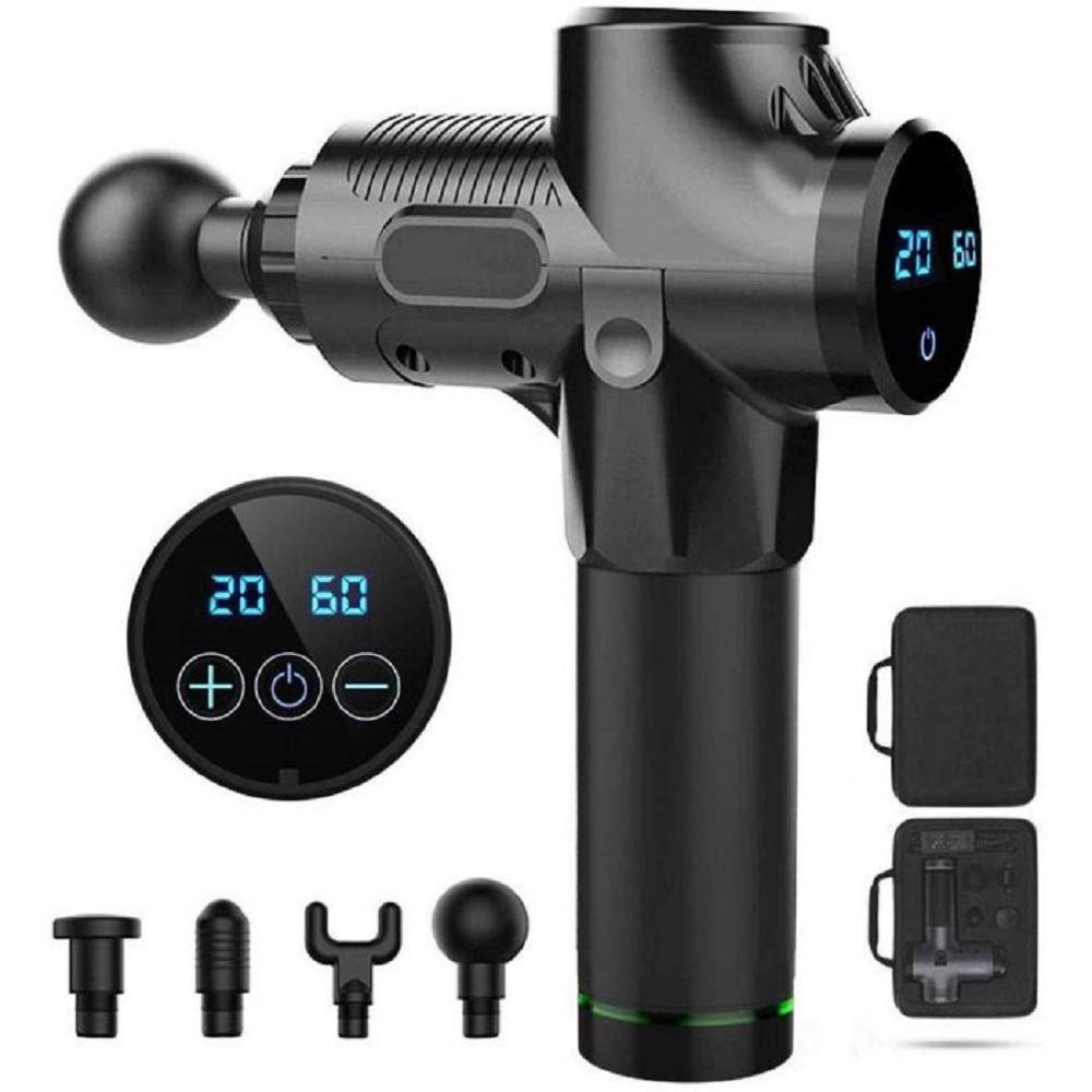 Pistola Massaggio Muscolare, 20 Velocità Gun Massagggiatore Portatile Elettico per Muscoli Super Silenzioso con 6 Testine Massaggianti Nero Blu o Silver