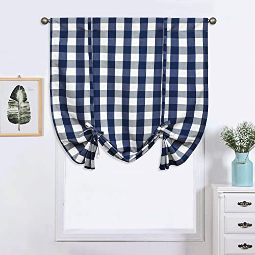 VOGOL Raffgardinen für Badezimmer, Büffelkariert, Dekoration, Bauernhaus, Raffhalter, verstellbare Stangentasche, Marineblau, Gingham-Ballon, Lampenschirme für Küche, kleines Café, EIN Vorhang Cover