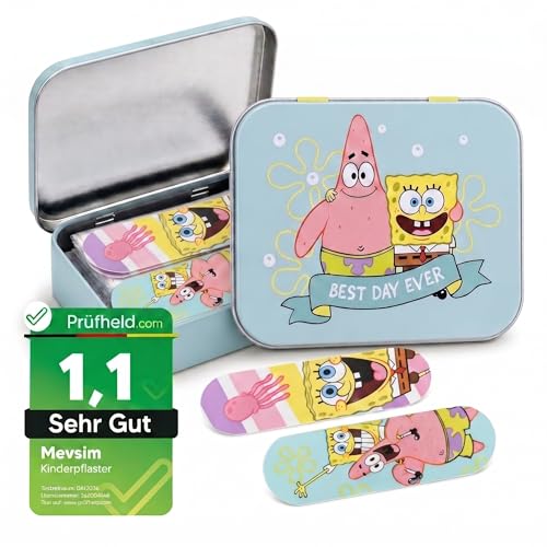 Bob Esponja Tiritas Infantiles – 24 Apósitos Adhesivos Resistentes al Agua e Hipoalergénicos en Caja Metálica – Tiritas para Heridas de Niños con Diseño Oficial SpongeBob