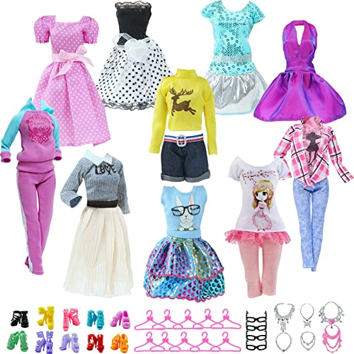 Handmade 40Pcs Doll Clothes And Accessories Set Including 5 Fashion Party Dresses 5 Tops Pants Casual Outfits 10 Shoes And 10 Hangers 6 Necklaces 4 Glasses For 11.5 Inch Doll #TOP14