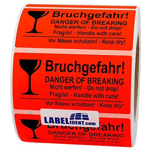 Labelident Warnetiketten auf Rolle 100 x 50 mm - Bruchgefahr! Danger of Breaking - Nicht werfen! Do not drop - 1000 Versandaufkleber auf 1 Rolle(n), 3 Zoll Kern, Papier selbstklebend, rot Cover