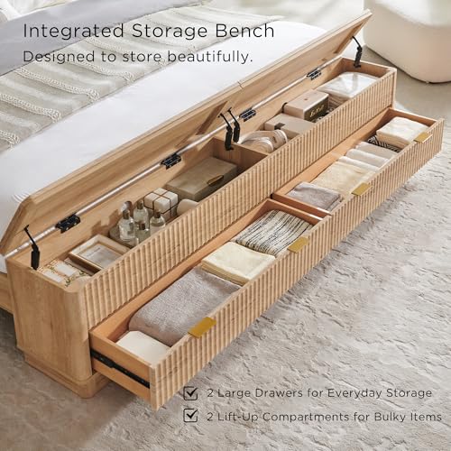 T4TREAM Fluted King Size Bed Frame with Wingback Headboard, Footboard Storage Bench with Built-in Drawers & Lift-Up Compartments, Wood & Steel Platform Bed, No Box Spring Needed, Natural Oak - Image 5
