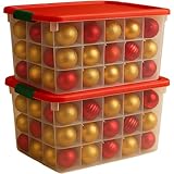 HOMZ 2-Pack Holiday Tote, Clear Plastic Storage Bins w/Lids & Dividers, 112 Quart, Red - Stackable Organizing Containers for Christmas Ornament Decorations, Gift Wraps, and Crafts