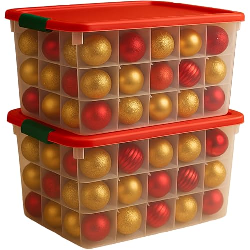 HOMZ 2-Pack Holiday Tote, Clear Plastic Storage Bins w/Lids & Dividers, 112 Quart, Red - Stackable Organizing Containers for Christmas Ornament Decorations, Gift Wraps, and Crafts