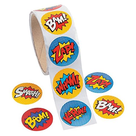 Fun Express Superhero Roll Stickers (100 Stickers) Stationery, Party Favors, Decorations, Arts & Crafts Supplies Cover