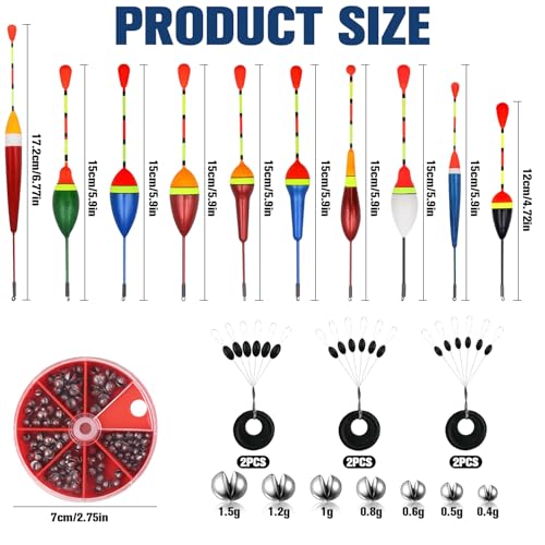 Fzyisw Posen Angeln Set, 10 Stück Schwimmer Angeln, 54 Angelblei, 6 Gummistopper-Angeln, 20 Wirbel-Angeln, Angelposen Angelzubehör Set 0.6g/0.8g/1.2g/2g/2.5g/3g/4.5g Angelposen Fishing Posen Set