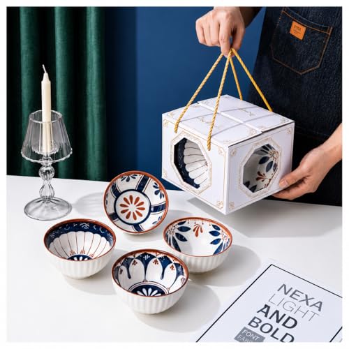 Image of YELONA Japanese Style Ceramic Bowl Set of 4 with Gift Box | Serving, Snack, Dessert & Rice | 300ML Microwave Safe Bowls | Dishwasher Safe | Ceramic Dinner Set for Gifting (Olive & Ocean)