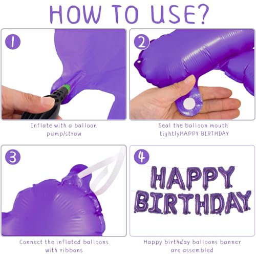 Image of Dark Purple Happy Birthday Balloons Banner 16 Inch Mylar Foil Letters, Inflatable Party Decor and Birthday Decorations for Women, Men, Boys & Girls Kids and Adults, Reusable, Party Supplies