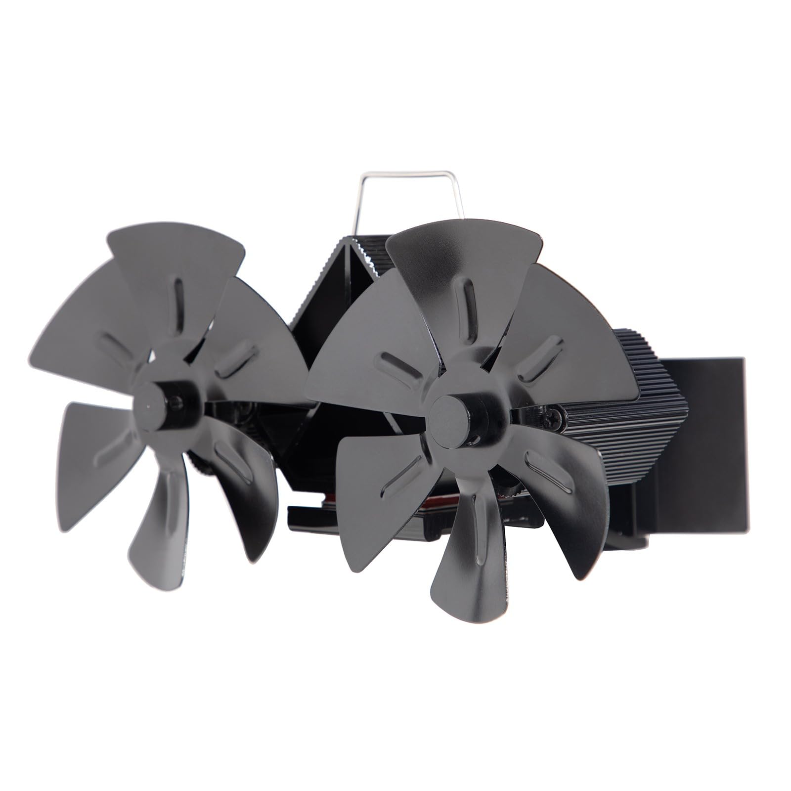 Wandmontierter Doppelkopf-Ofenventilator für Kamine, 12 Flügel, stromloser Wärmeverteiler, leiser Aluminium-Ofenventilator mit verstellbarer Klemme, schwarz