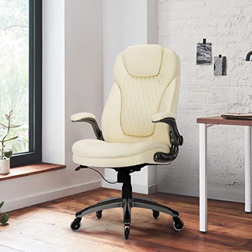 Image of COLAMY Ergonomic High Back Office Chair, Ivory Bonded Leather Executive Desk Chair with Flip-up Arms, Thick Cushion, Silent Nylon Wheels, Adjustable Height & Rocking Function, 300lbs Capacity