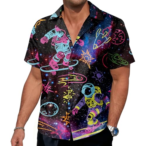 Mens Neon Universe Rave Outfits for Men - Colorful Space & Astronaut Costume Short Sleeve Button Down Perfect for Raves, Theme Parties, Festivals, and Vacations Large