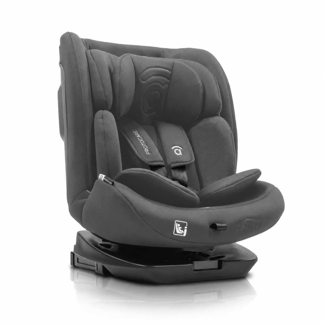 Silla de coche i-Size giratoria 360° con Isofix desde recién nacido hasta 150 cm – Contramarcha hasta 105 cm – Arnés 5 puntos, cojín reductor y funda lavable – Asalvo Protocare Gris