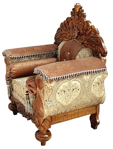 Image of Wooden 5 Seater Sofa Set with Center Table | 3+1+1 Solid Wood Hand-Carved Brown Sofa with Traditional Design Furniture for Living Room | Home | Office