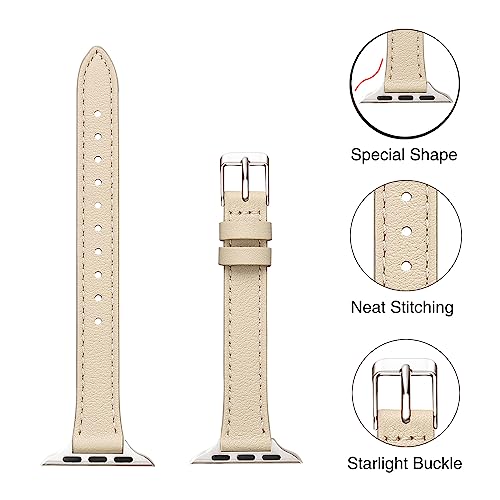 Image of STIROLL Slim Leather Bands Compatible with Apple Watch Band 38mm 40mm 41mm 42mm 44mm 45mm 49mm, Top Grain Leather Watch Thin Wristband for iWatch Ultra SE Series 9 /8 /7 /6 /5 /4 /3 /2 /1 (Beige with