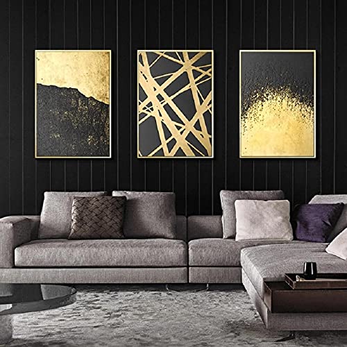 Peintures abstraites en or 50x70cm : triptyque géométrique moderne sans cadre pour salon