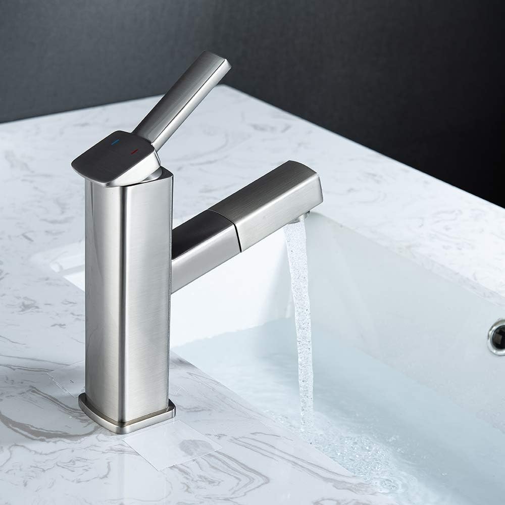 KAIYING Bathroom Sink Faucet with Pull Out Sprayer, Single Hole Utility Bar Sink Faucet, Lavatory Pull Down RV Sink Faucets with Rotating Spout, Single Handle (Regular, Brushed Nickel)