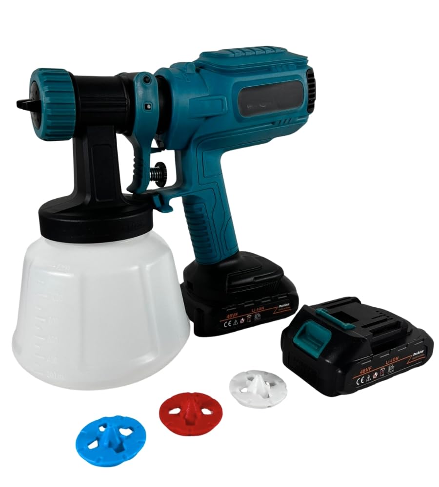 Pistola a Spruzzo a Batteria, Pistola a Spruzzo per Vernice Doppia Batteria 48V, Pistola Vernice Elettrica, Serbatoio 1200 ML, Pistola per Verniciare con Accessori