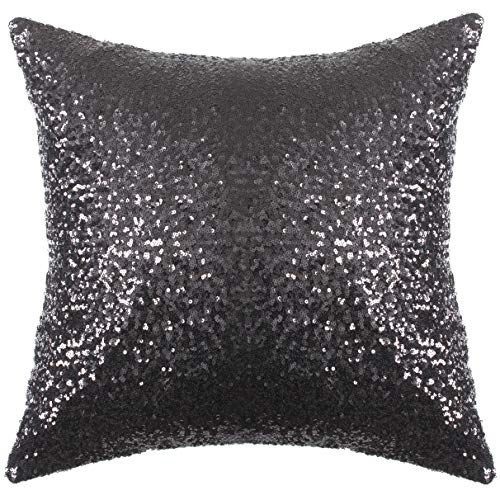 Kevin Textile Halloween Sequins Pillow Covers 18x18 Inch Square Sequin Pillow Case, Glitter Decorative Throw Cushion Cover with Hidden Zipper & Luxury Satin Back Side, Black, 1 Pack