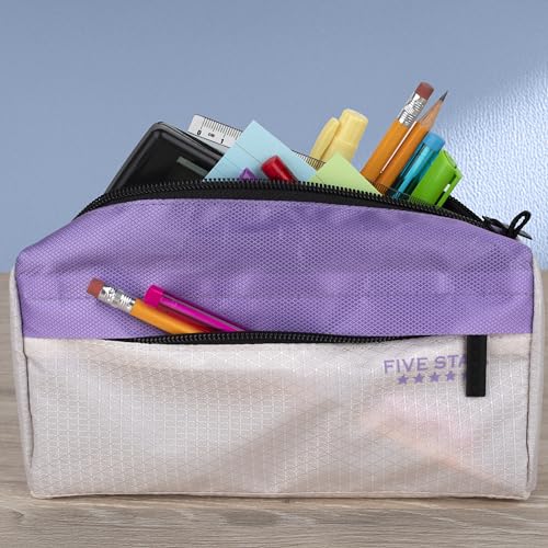 Image of Five Star Pencil Pouch 9-Pocket Zipper Storage Organizer Case for Office Supplies Earbuds Chargers Cables Makeup, Tan /Purple (505600E)