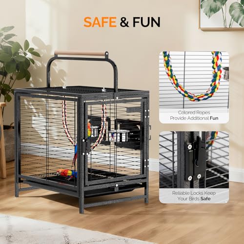 Image of VINGLI Small Bird Cage, 19 inch Travel Carrier Bird Cage with Handle, Wrought Iron Parakeet Cage with Wooden Perch for Parrot Lovebirds Finches Small /Medium Birds (Hammertone Black)