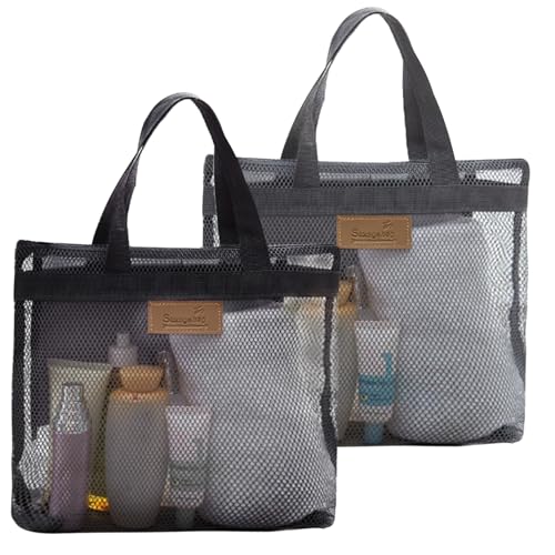 2 Stück tragbare Duschtasche Tragbare Strandtasche Mesh Netz-Duschkorb mit Griff Shower Bags für Fitnessstudio Duschraum Reisen Camping Zubehör Wohnwagen Gadgets