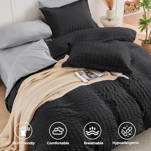 Image of HYMOKEGE Black /Light Grey King Size Comforter Set Seersucker 7 Pieces, All Season Luxury Bed in a Bag for Bedroom, Bedding Set with Comforter, Sheets, Pillowcases & Shams