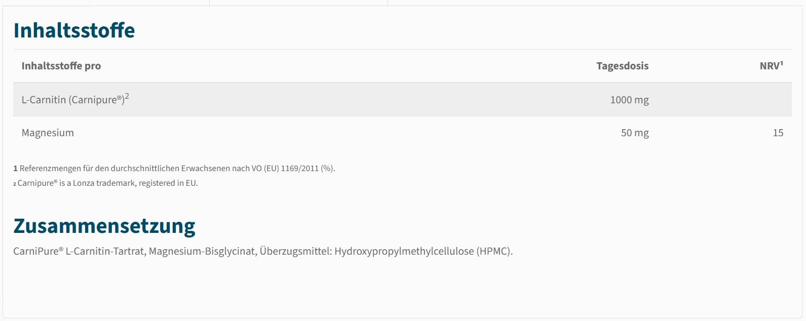 NatuGena L-Carnitin 1000, Carnipure L-Carnitin-Tartrat, Magnesium, 120 Kapseln (2 Monats Packung)