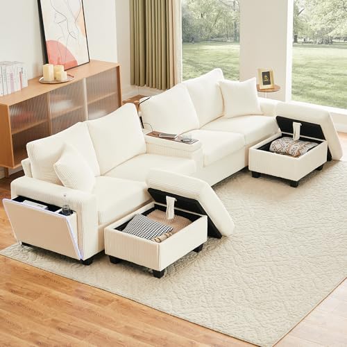 Yihomfy Canapé d'angle Convertible 5 Places en Velours Côtelé avec 2 Poufs, LED, Ports USB/Type-C, Lampe de Lecture et Rangements, 334x128.5x81 cm