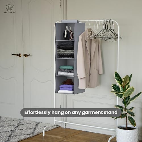 Image of MY ARMOR Hanging Shelf Cloth Storage Organizer, Universal Fit Hanging Closet Organizer for Wardrobe, 10 x 12 x 35 Inches (Grey, 4 Tier Shelf Pack of 2)