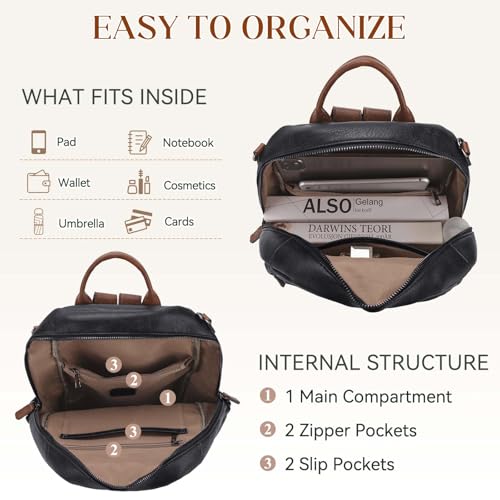 Image of RAVUO Backpack Purse, Fashion Vegan Leather Women Bakcpack Designer Ladies Handbag for Work Travel College,Black and Brown-Meduim
